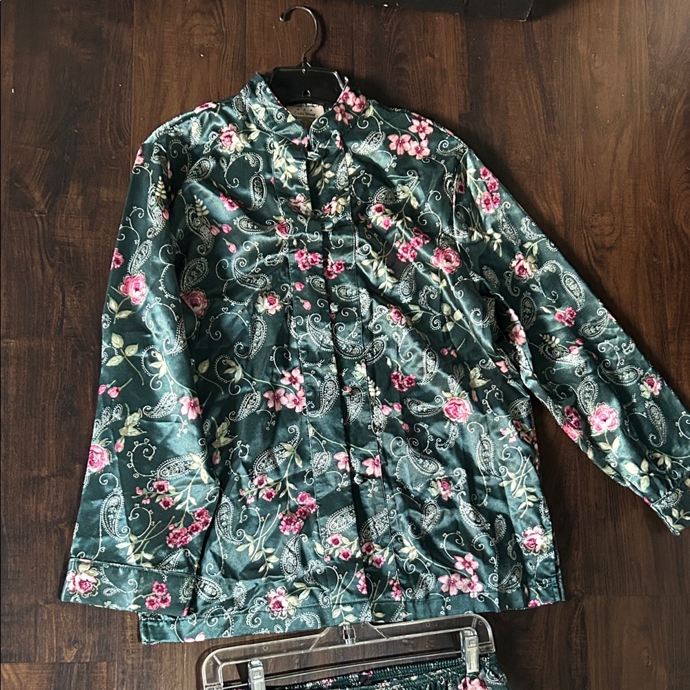 Asian Inspired Floral Satin Lounge Set - pink and green